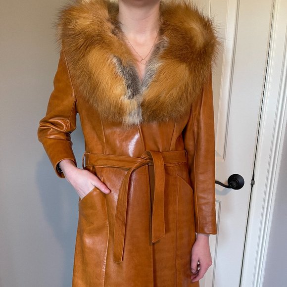 Vintage 70s "Styled by Scully in Los Angeles" Long Leather Coat with Fur Collar